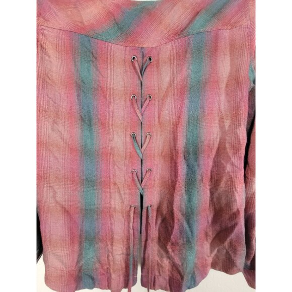 Cloth & Stone Womens Pink Teal Plaid Lace-Up Back Top Blouse Small Long Sleeve - Picture 3 of 9